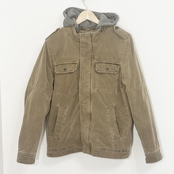 LEVI’S Washed Cotton Brown Jacket Removable Hood Snap/Zipper Front Size Small - Picture 2 of 14